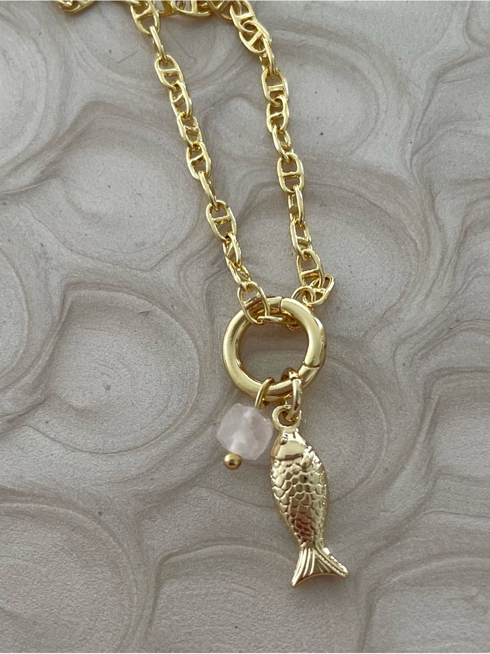 14K Gold Plated Fish Charm Necklace with Rose Quartz Gem